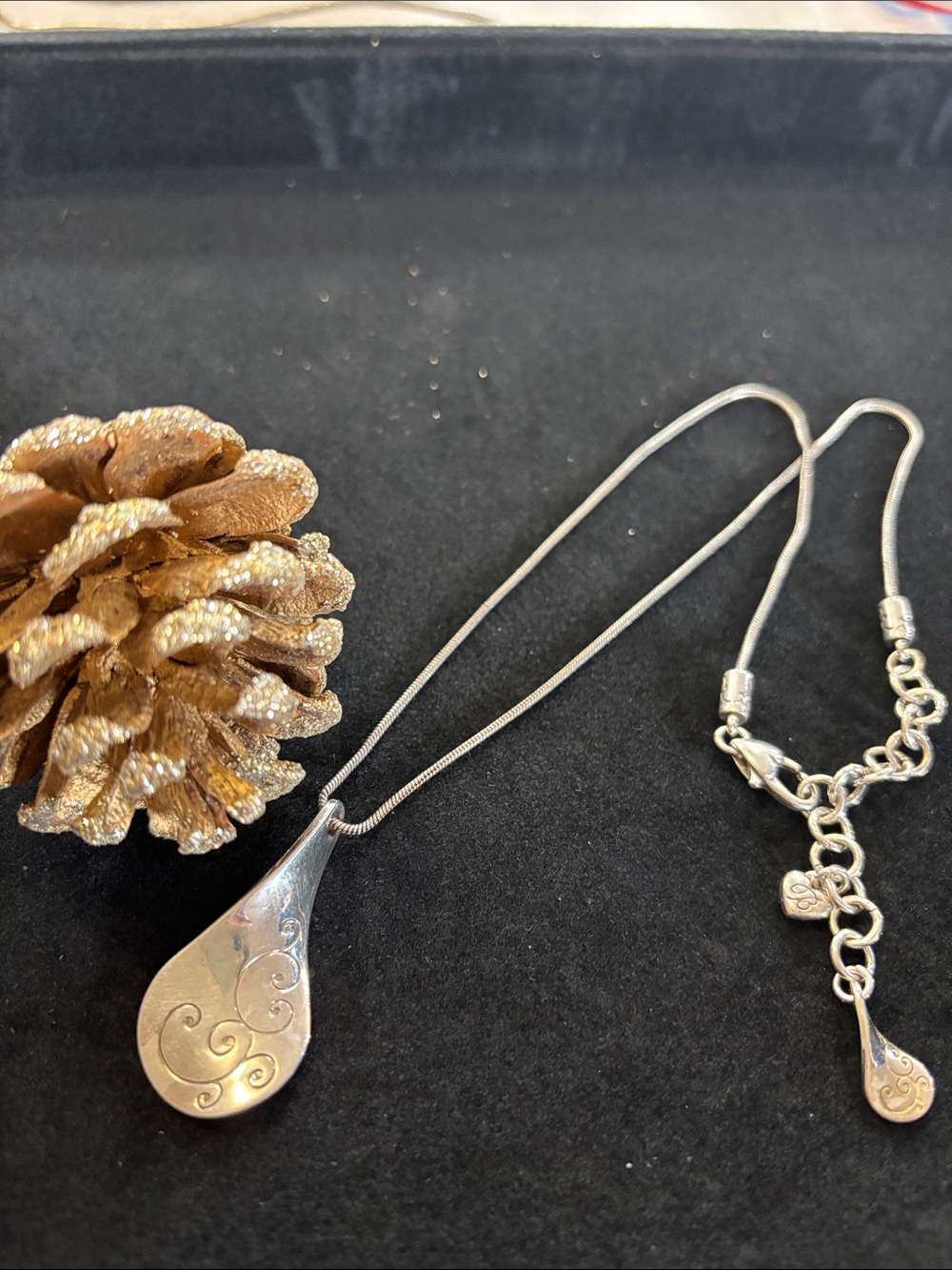 Silver Teardrop Pendant Necklace with Scroll Engraving - Women Jewelry